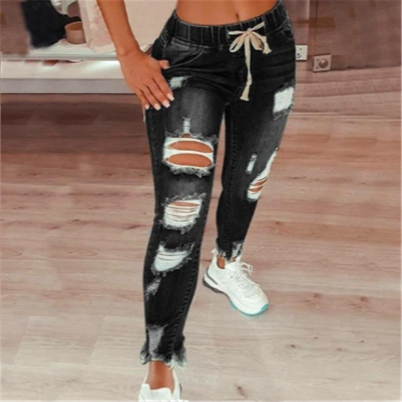 High-waist Lace-up Slim-fit Stretch-leg Trousers Ripped Denim Trousers