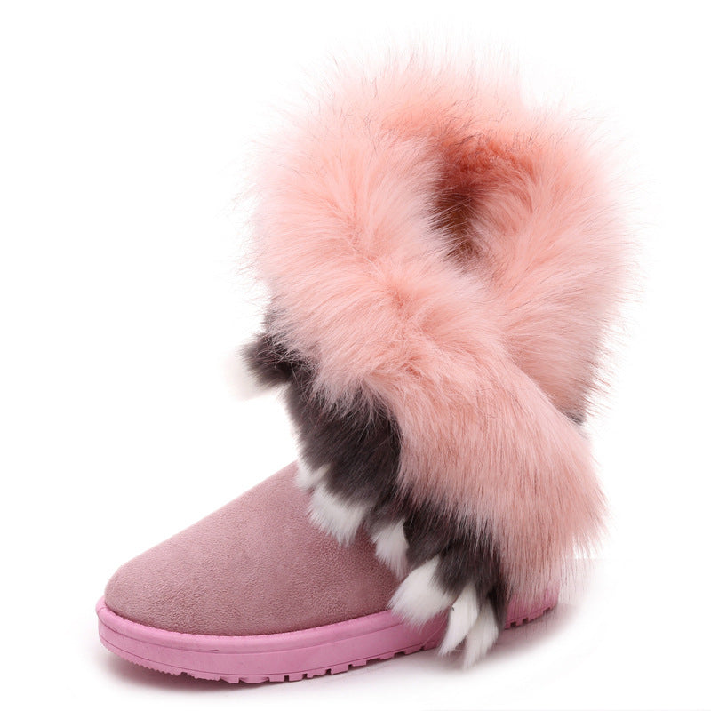 Fox fur thick-soled non-slip boots tassel rabbit fur snow boots women's shoes