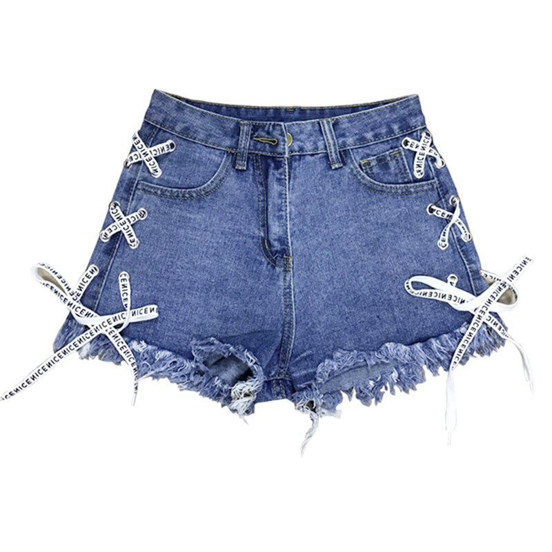 Vintage Snowflake Inelastic Women Denim Shorts With high Waist Straps Tassel Female Summer Shorts For Women's jeans