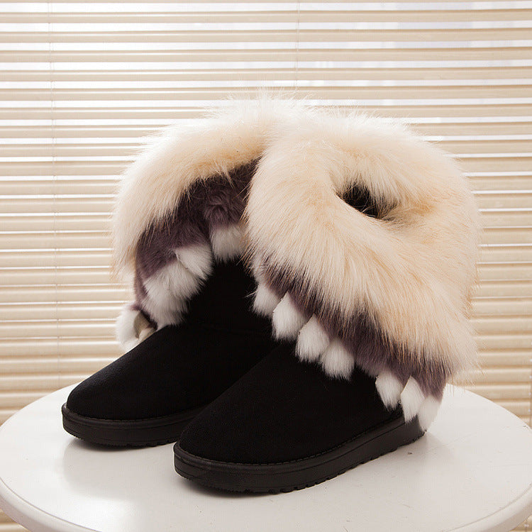 Fox fur thick-soled non-slip boots tassel rabbit fur snow boots women's shoes
