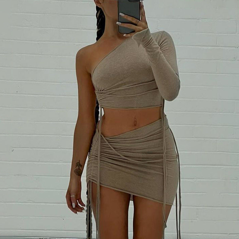 One Shoulder Midriff-baring Top Side Drawstring Skirt Suit